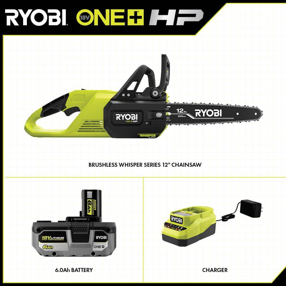 RYOBI ONE HP 18V Brushless Whisper Series 12 in Battery Chainsaw with 60 Ah Battery and Charger