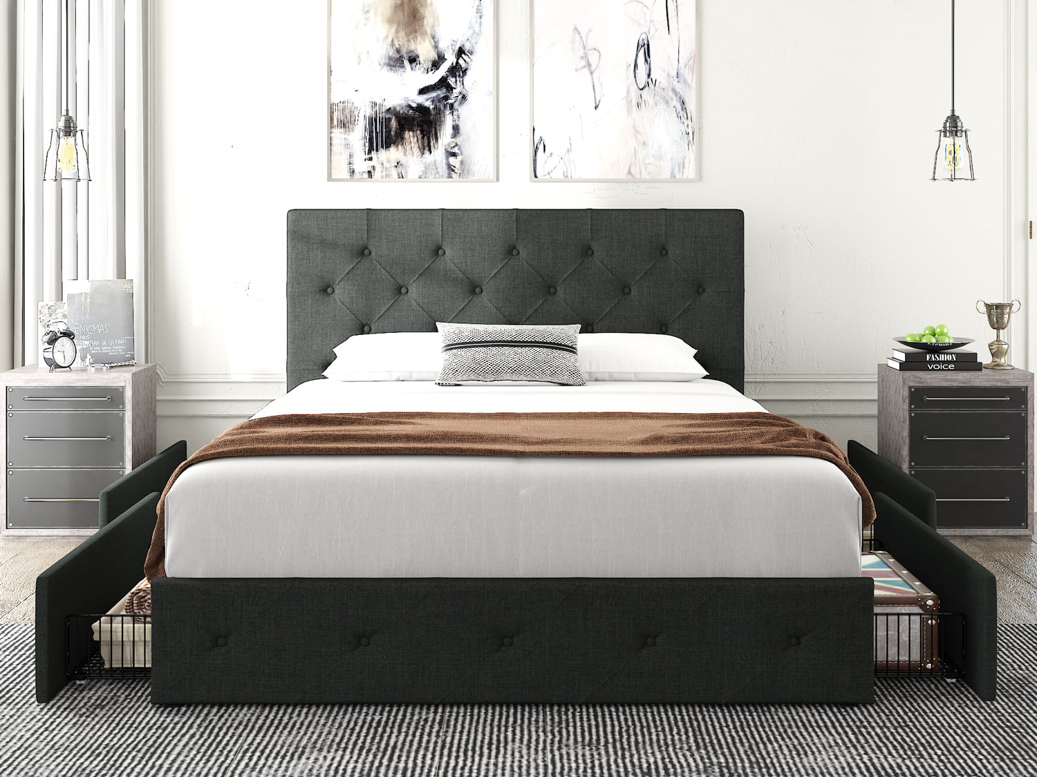 Amolife Queen Size Platform Bed Frame with Headboard and 4 Drawers, Dark Grey