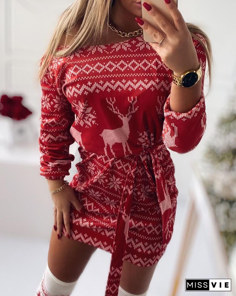 Christmas Reindeer Print Long Sleeve Bodycon Dress P10831