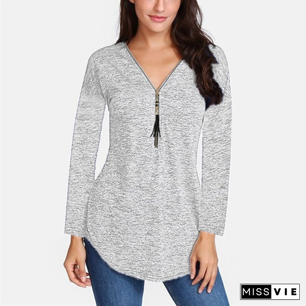 S-5XL Women Autumn Plus size Casual Loose V-neck Zippers Long sleeves Pure color Tops T shirts