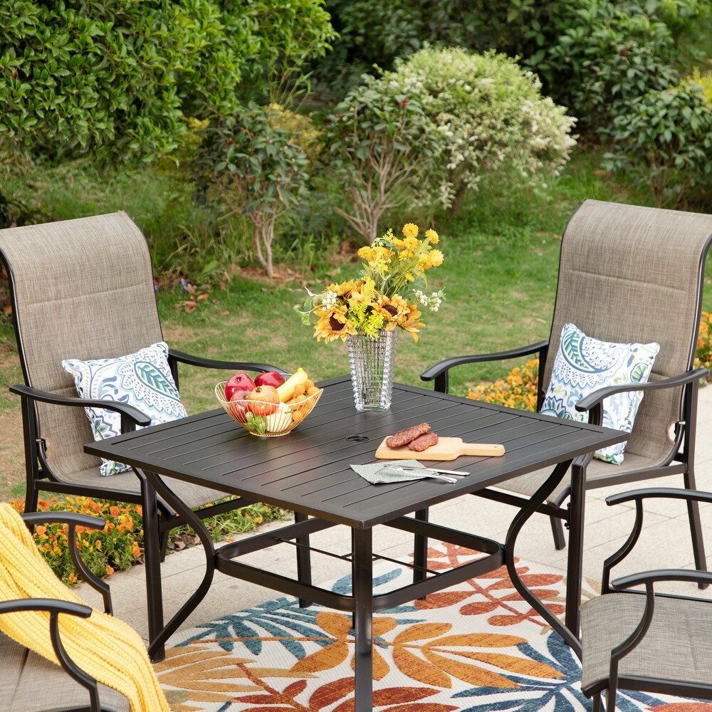 7 Piece / 5 Piece Padded Textilene Chairs with Wave Arms   Metal Table Patio Dining Set