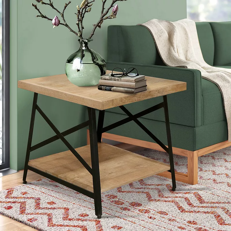 Rectangle Side Table with Open Bottom Shelf and Metal Legs， Brown and Gray