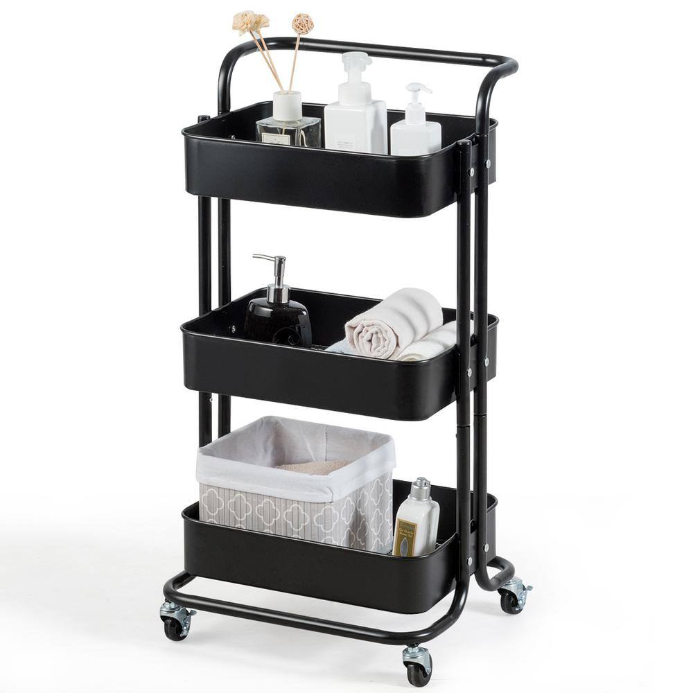 HONEY JOY 3-Tier Metal Rolling Utility Storage Cart Service Trolley Cart with Lockable Wheels in Black TOPB002996