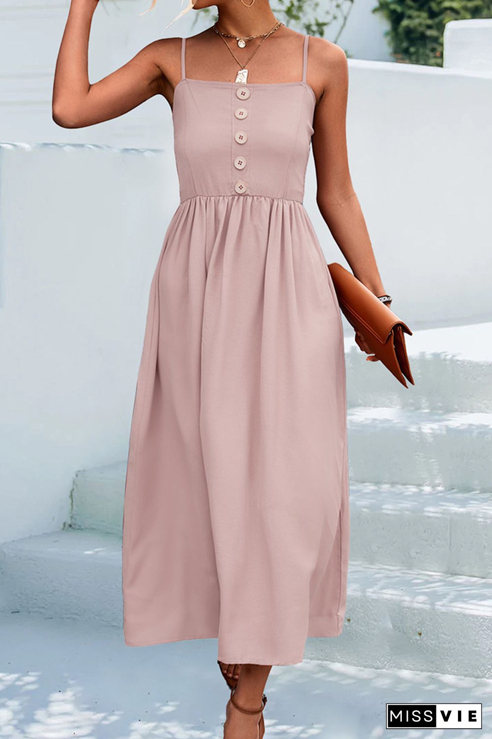 Sleeveless Buttoned Spaghetti Long Dress