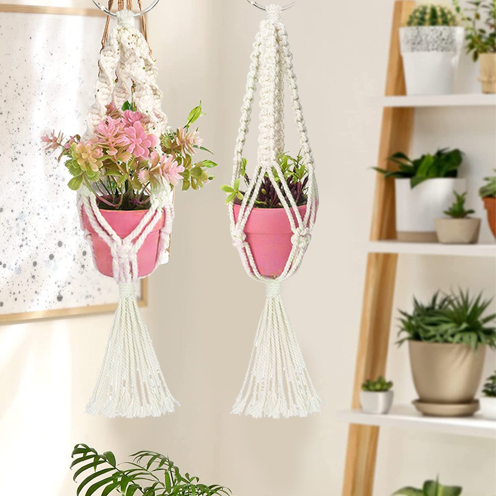 EEEkit 2pcs Mini Macrame Plant Hangers with Hooks, Cute Hanging Rearview Mirror Charms, Small Hanging Car Plant Stands, Cotton Rope Planter Baskets, Decorative Flower Pot Holders