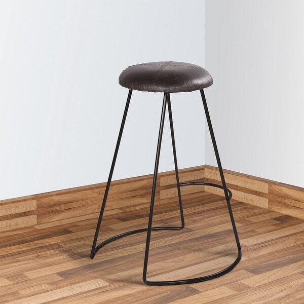 26 Inch Modern Counter Height Stool， Genuine Leather Upholstery， Metal Frame， Baseball Stitching， Black