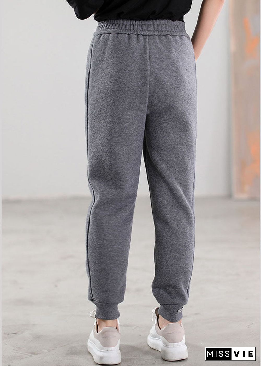 Women Grey Pockets Warm Fleece Casual Pants Winter