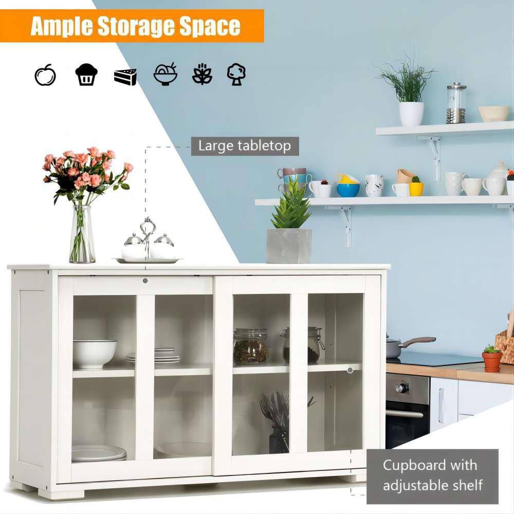 Bunpeony 42 in. W x 24.5 in. H x 13in. D White Wooden Pantry Freestanding Kitchen Storage Cabinet with 2-Glass Sliding Door ZY1K0001-2