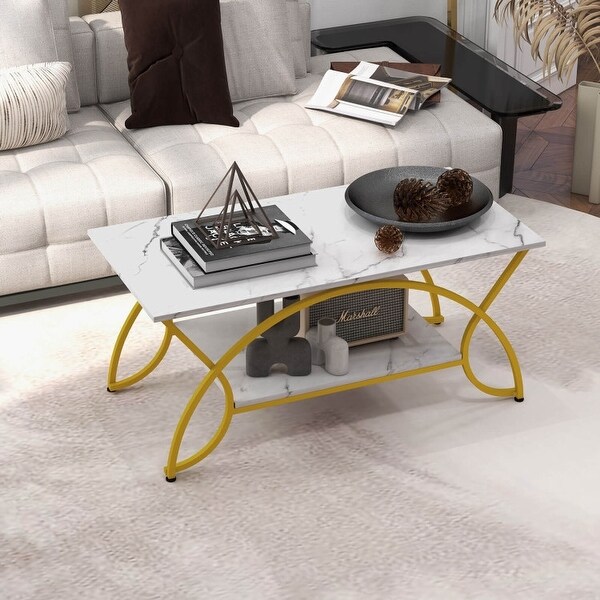 Modern Faux Marble 2 Tier Coffee Table with Metal Curved Legs