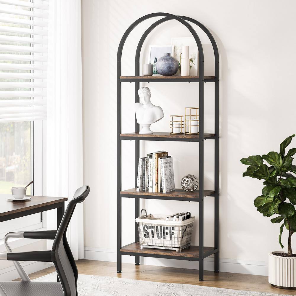 TRIBESIGNS WAY TO ORIGIN Jannelly 23.62 in. Brown Wood and Black Metal 4tier Radial Corner Shelves Bookcase Storage Rack Plant Stand HD-J0031-WZZ