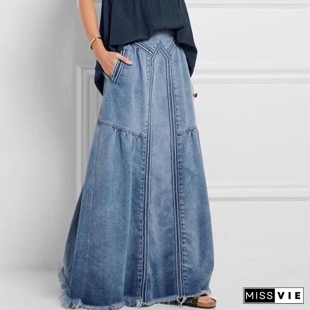 Women Distressed Solid Color Elastic Waist Loose Denim Skirt With Pocket