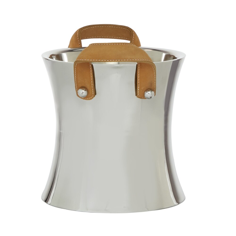 Silver Stainless Steel Champagne Single Bottle Ice Bucket with Leather Strap Handles   11 x 9 x 10