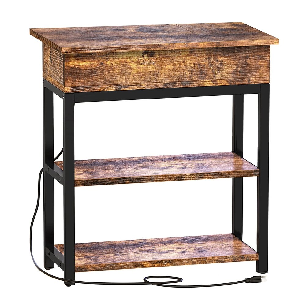 FABATO End Table and Nightstand with Charging Station  Rustic Brown   21.50