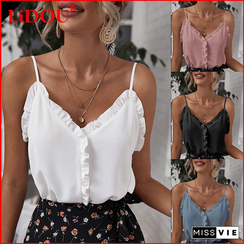 T-Shirt Women New Summer Temperament Sexy V-Neck Ruffles Backless Pullover Solid Chiffon Camisole Top Women's Clothing