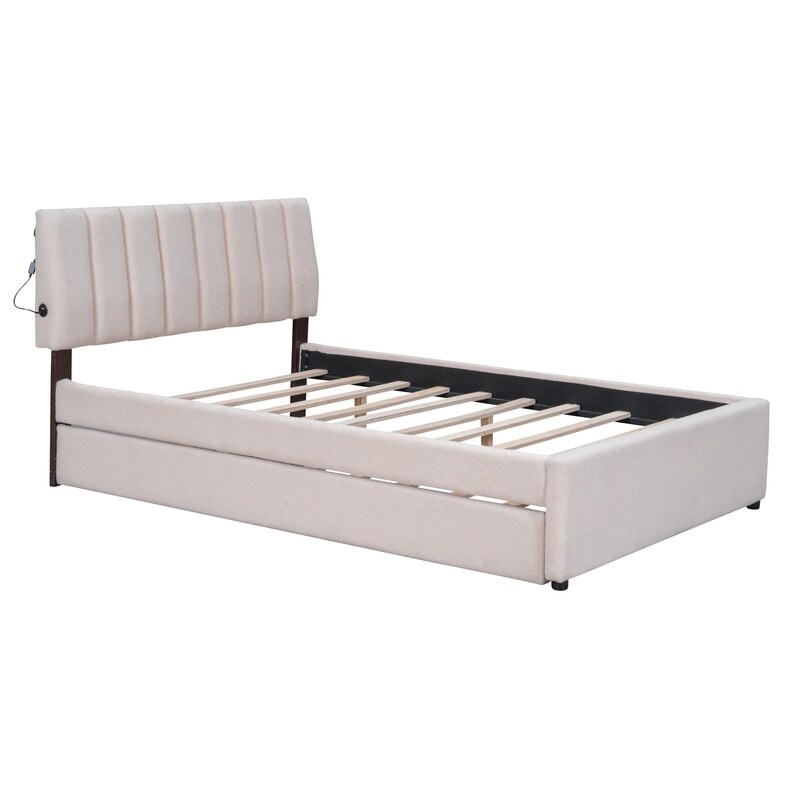 Teddy Fleece Full/Queen Size Upholstered Platform Bed with Trundle  Smart LED Bed Frame with Headboard and Wooden Slats Support