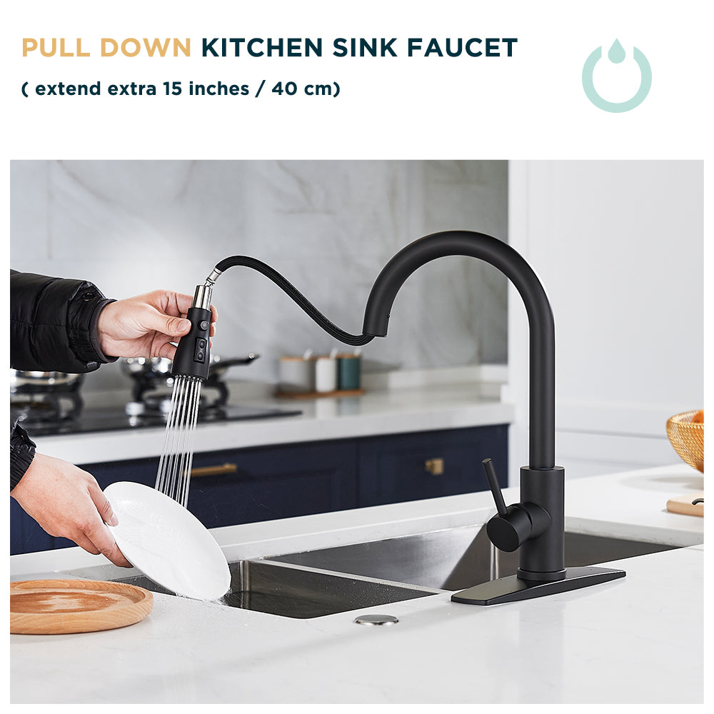 FORIOUS Pull Down Sprayer Kitchen Faucet ，Single Handle Kitchen Sink Faucet ， Matte Black