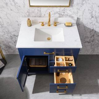 SUDIO Jasper 36 in. W x 22 in. D Bath Vanity in Navy Blue with Engineered Stone Vanity in Carrara White with White Basin Jasper-36NB