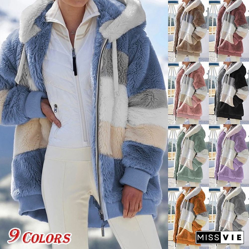 New Winter Women's Jacket Hooded Warm Plush Loose Jacket for Women Patchwork Winter Outerwear Faux Fur Zipper Ladies Parka Coat Plus Size