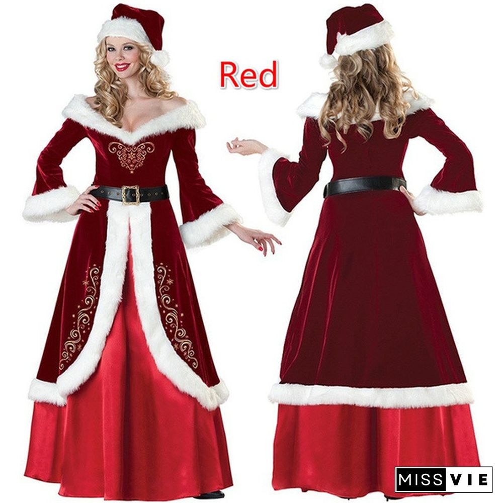 Christmas Cosplay Party Velvet Long Sleeve Robe Santa Claus Costumes for Adult Women/Men Luxury Christmas Princess Queen Party Long Dress