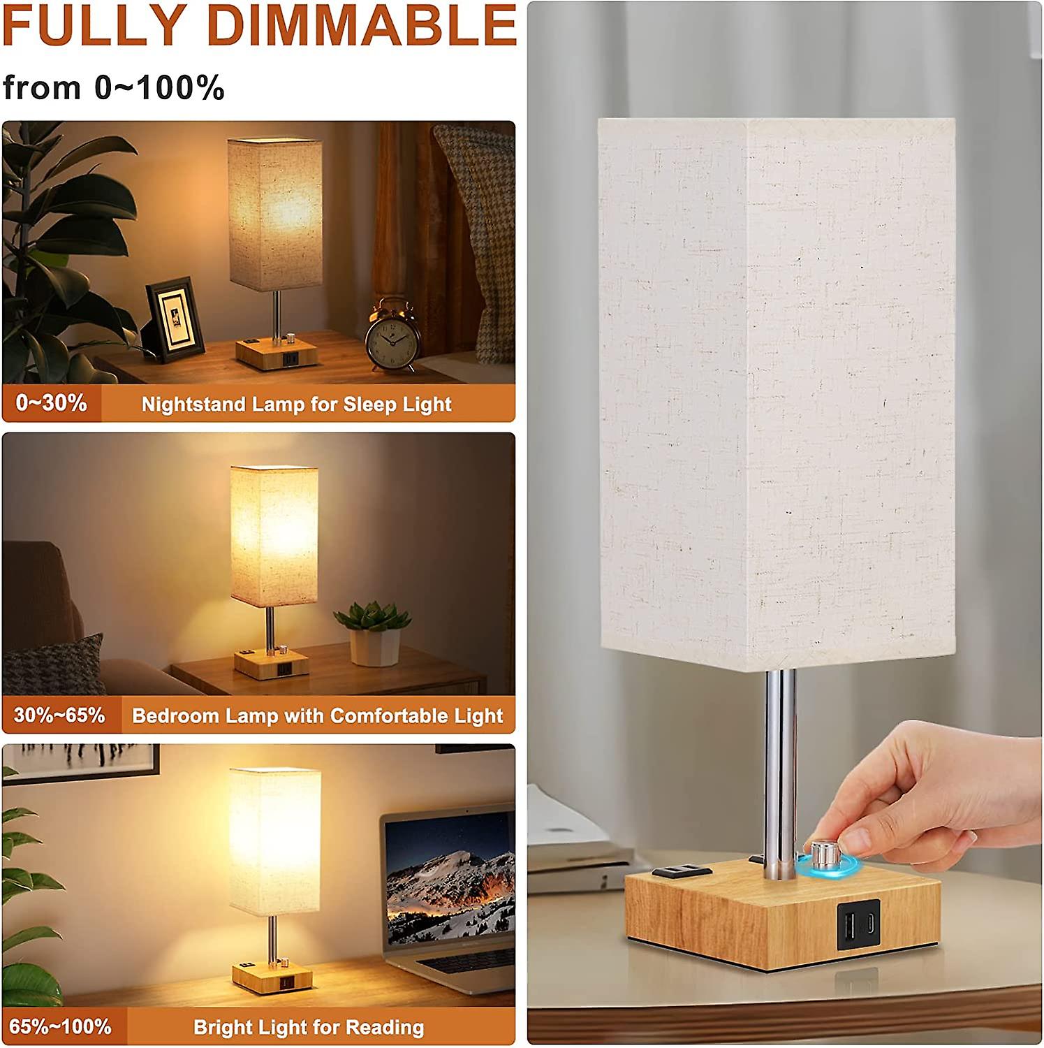 Fully Dimmable Table Lamp With Usb C Solid Wood Bedside Lamp With Usb C+a Ports And Dual Ac Outlets， Bedroom Lamp With Dimmable Bulb， Nightstand Light