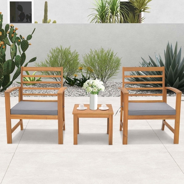 3 PCS Outdoor Furniture Set Acacia Wood Conversation Set with Cushions