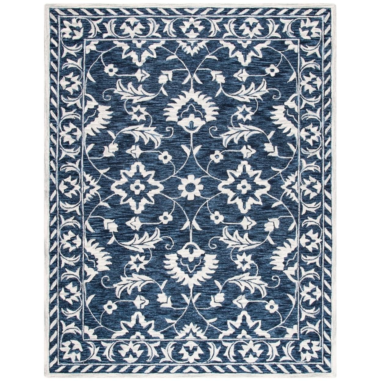 SAFAVIEH Micro-Loop Kevin Floral Area Rug， Navy/Taupe， 5and#8242; x 5and#8242; Square