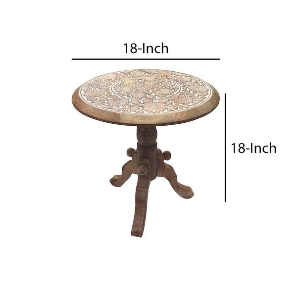 Intricately Carved Round Top Mango Wood Side End Table with Pedestal Base， Brown and White