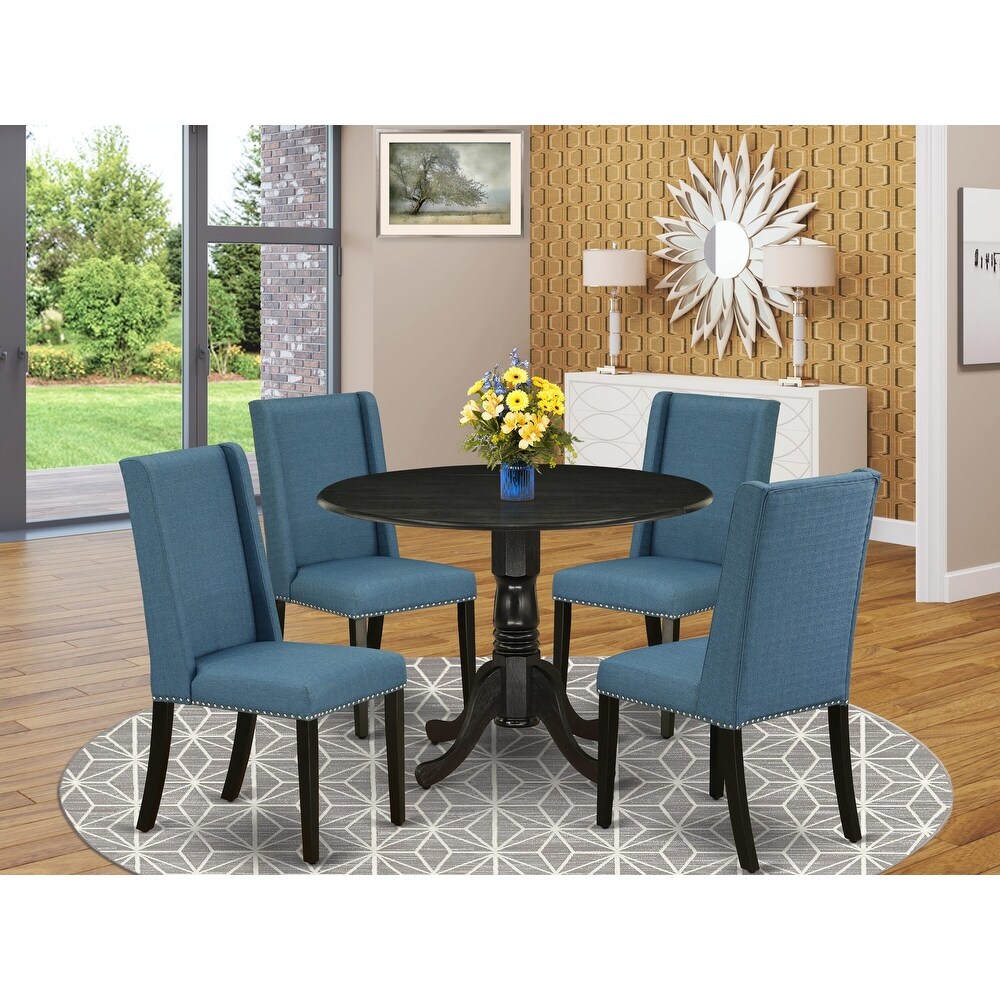 East West Furniture Kitchen Table Set  a Round Dining Table with Dropleaf and Linen Fabric Dining Chairs  (Finish Options)