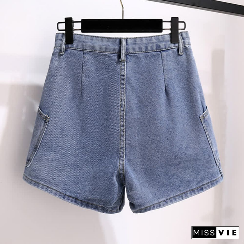 Vintage Print Loose Laple T-Shirt Pocketed Denim Shorts