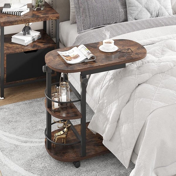 Side Table Height Adjustable C Table with Wheels， Overbed Bedside Table with Storage Shelves for Living Room Bedroom