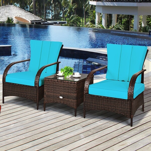 Costway 3 PCS Patio Wicker Rattan Furniture Set Coffee Table and 2