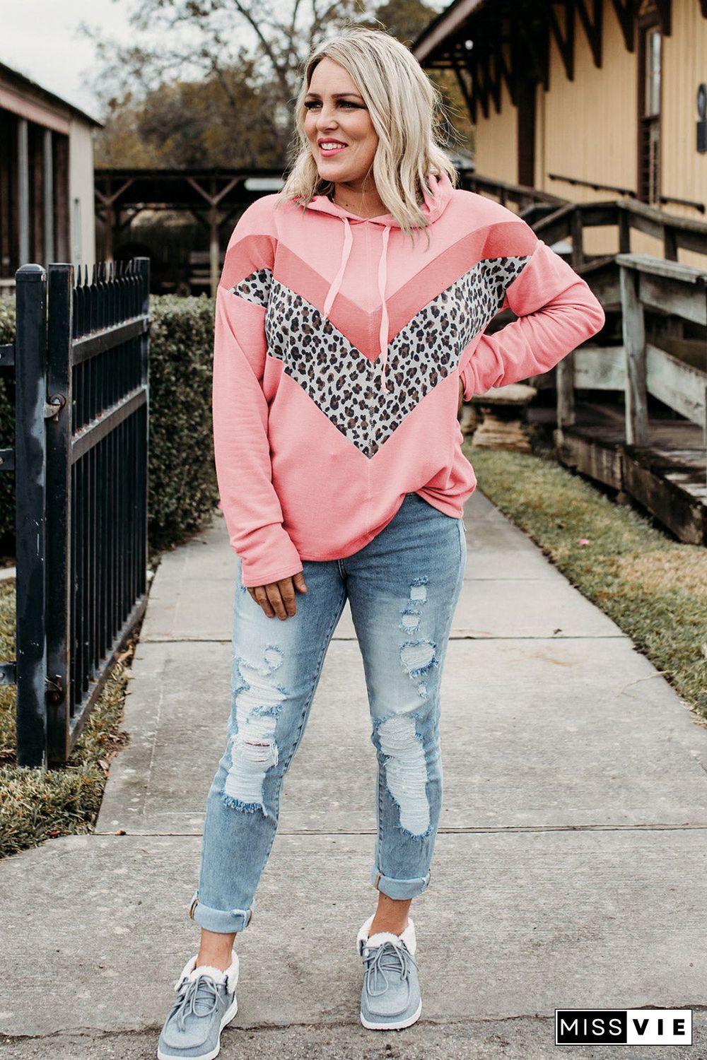 Plus Size Taupe Chevron Hooded Top