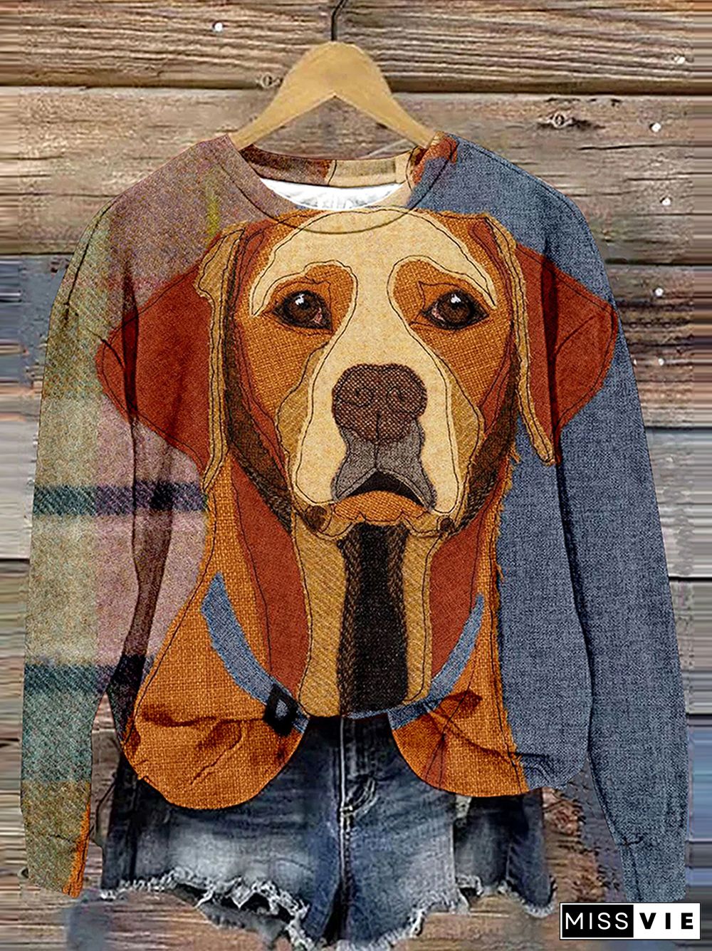 Cute Dog Color Block Art Print Casual Sweatshirt