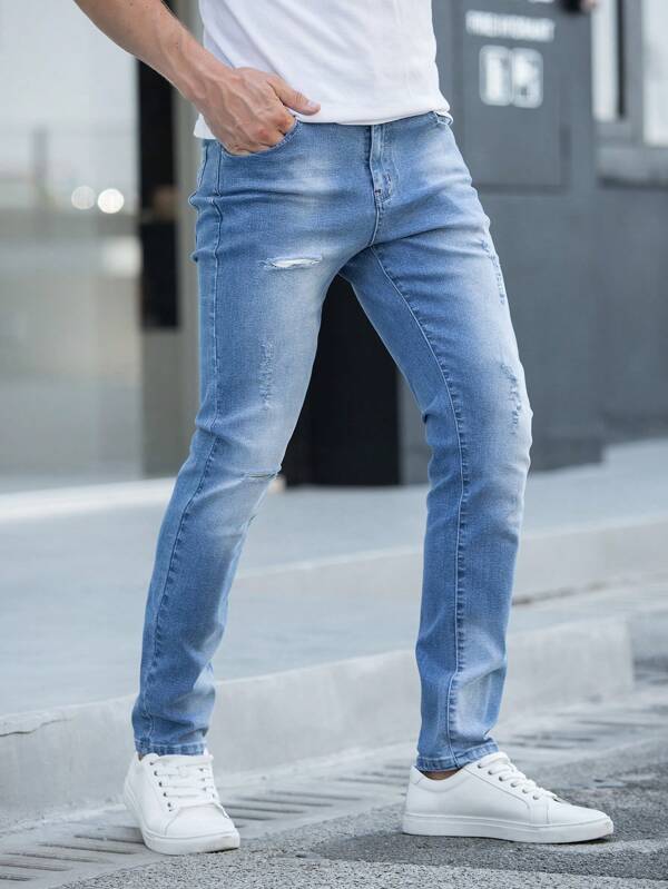 Men Cotton Bleach Wash Ripped Frayed Cat Scratch Jeans