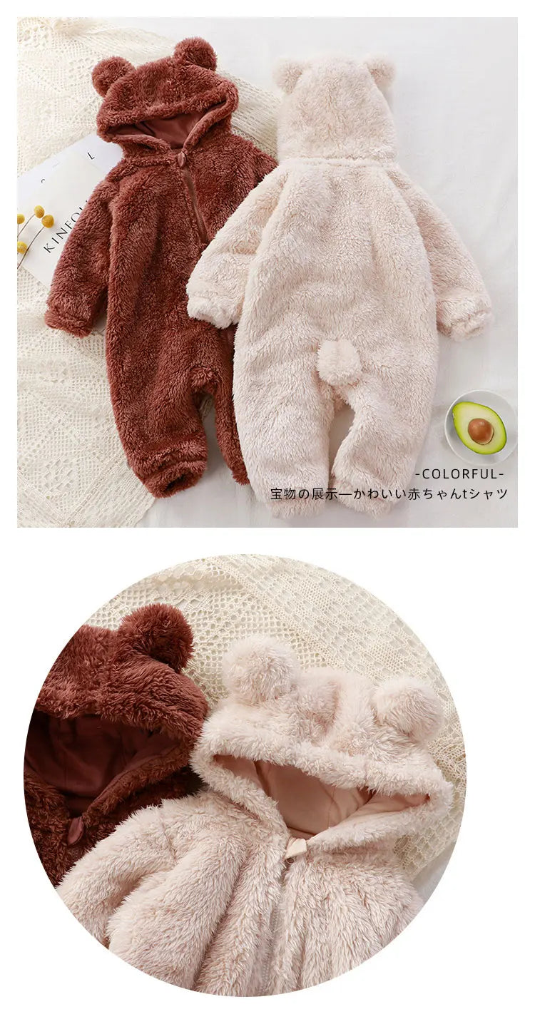 Thick Warm Baby Rompers Cute Winter Infant Jumpsuits Hooded Coral Fleece Bear Shape Newborn Soft Pajamas Overalls Clothing