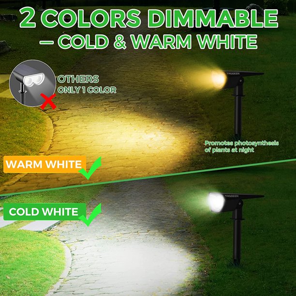 TRODEEM 70 LEDs Solar Landscape Spotlights， 4 Modes Cold and Warm White Dimmable Solar Outdoor Spot Lights IP67 Waterproof