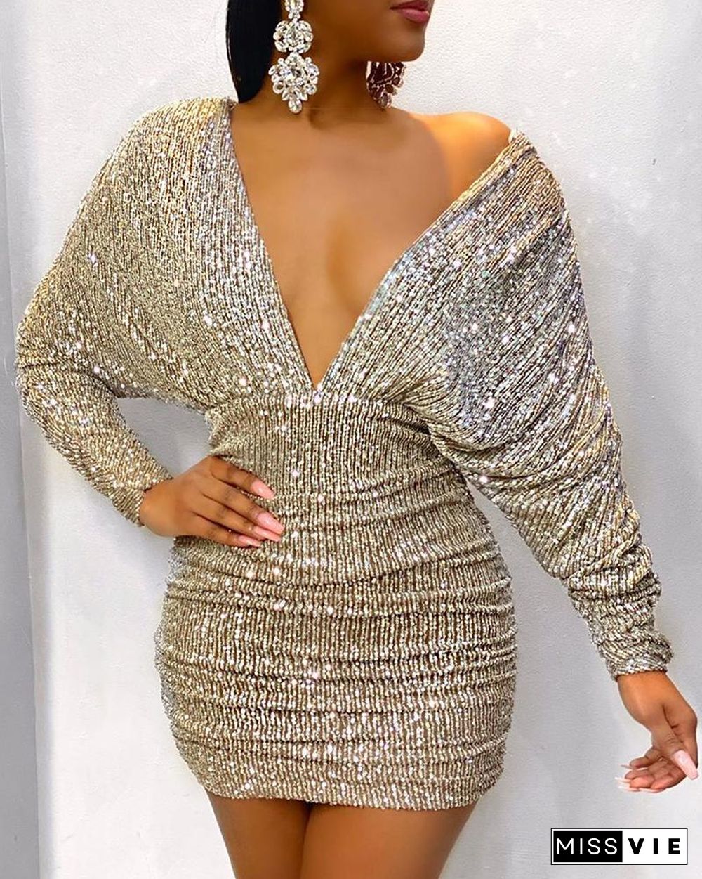 Ruched V-Neck Backless Bodycon Sequin Dress