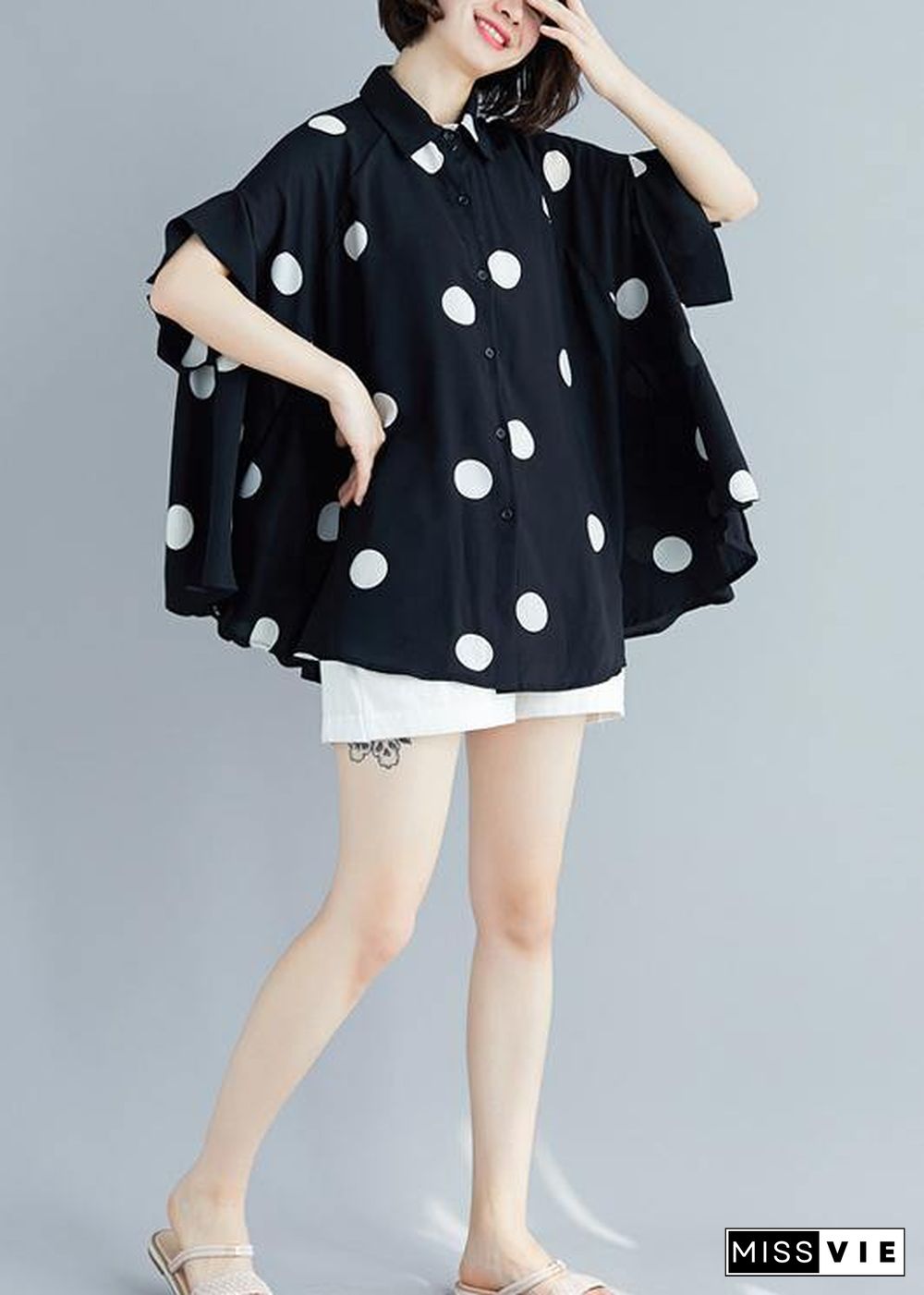 Italian black dotted chiffon tops quality Sewing lapel Art Summer shirt