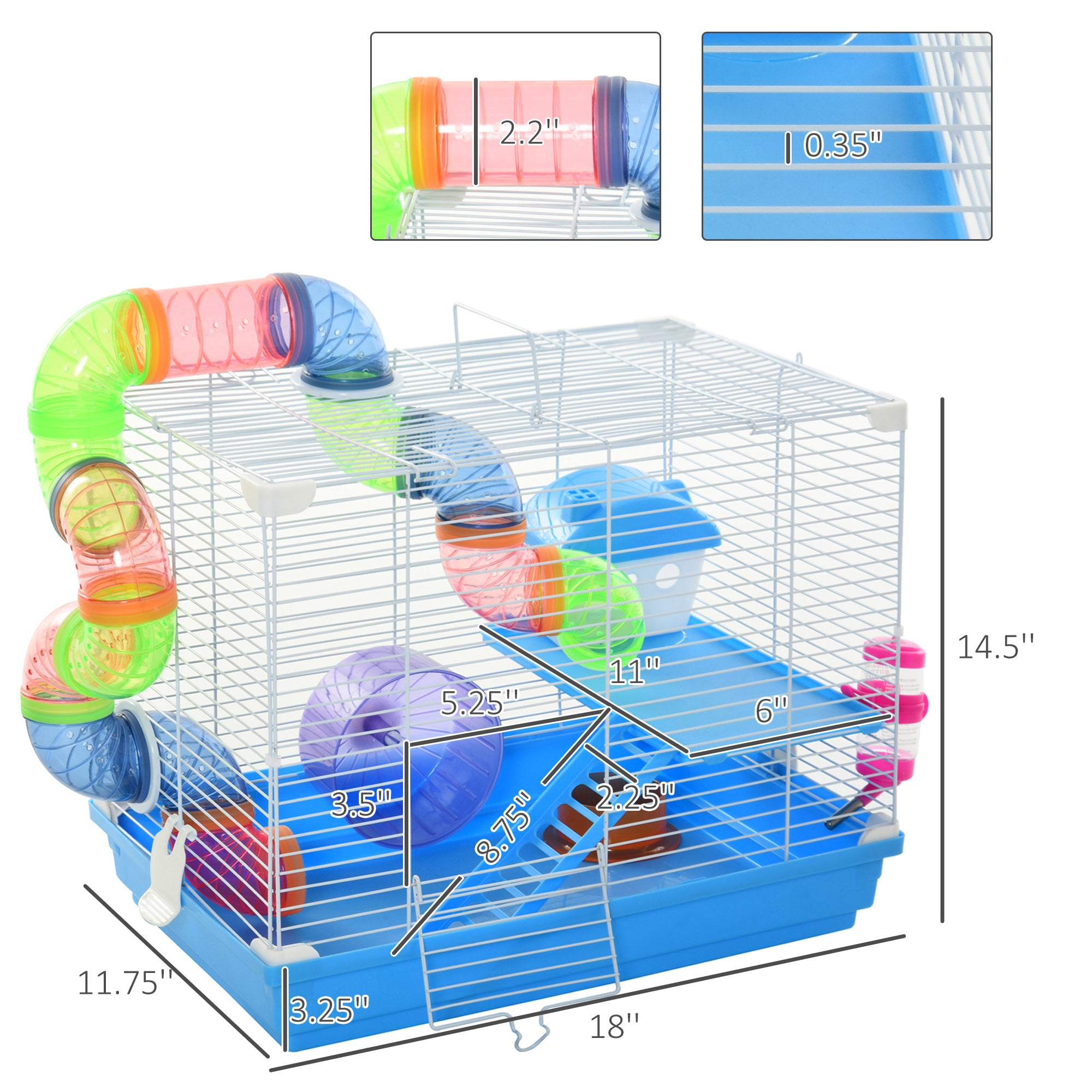 Pawhut 2-Level Hamster Cage Gerbil House Habitat Kit Small Animal Travel Carrier with Exercise Wheel， Play Tubes， Water Bottle， Food Dishes， and Interior Ladder