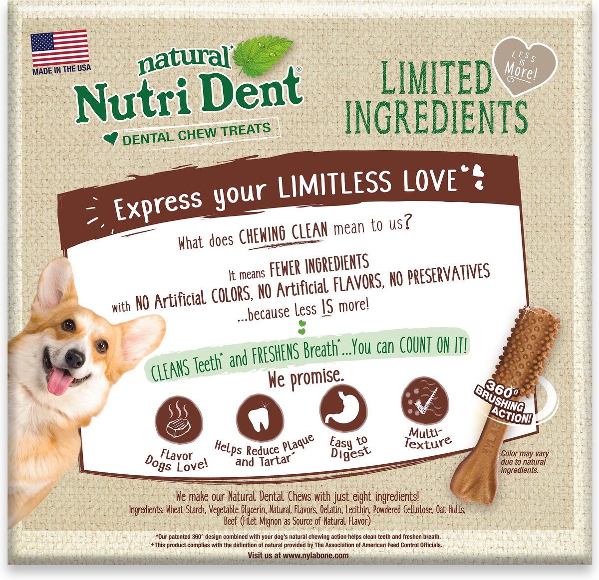 Nylabone Nutri Dent Limited Ingredients Large Filet Mignon Natural Dental Dog Treats