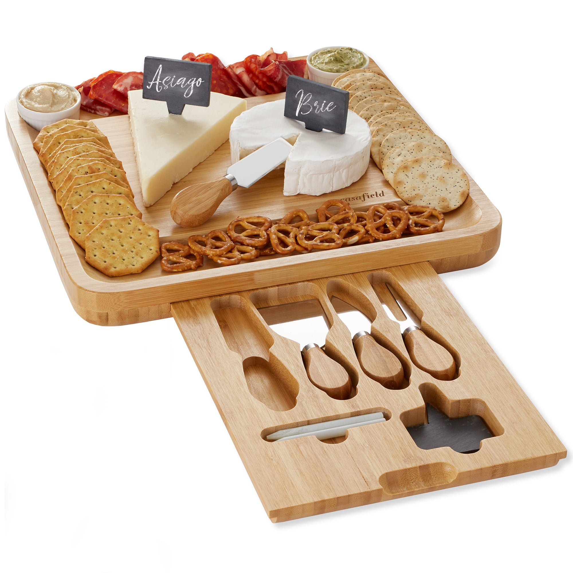 Casafield Bamboo Cheese Board with Stainless Steel Knives and Ceramic Bowls