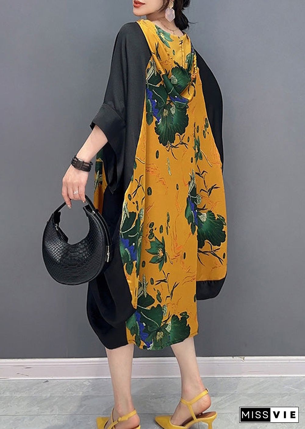 Boutique Yellow Neck Tie Print Party Hooded Long Dress Summer