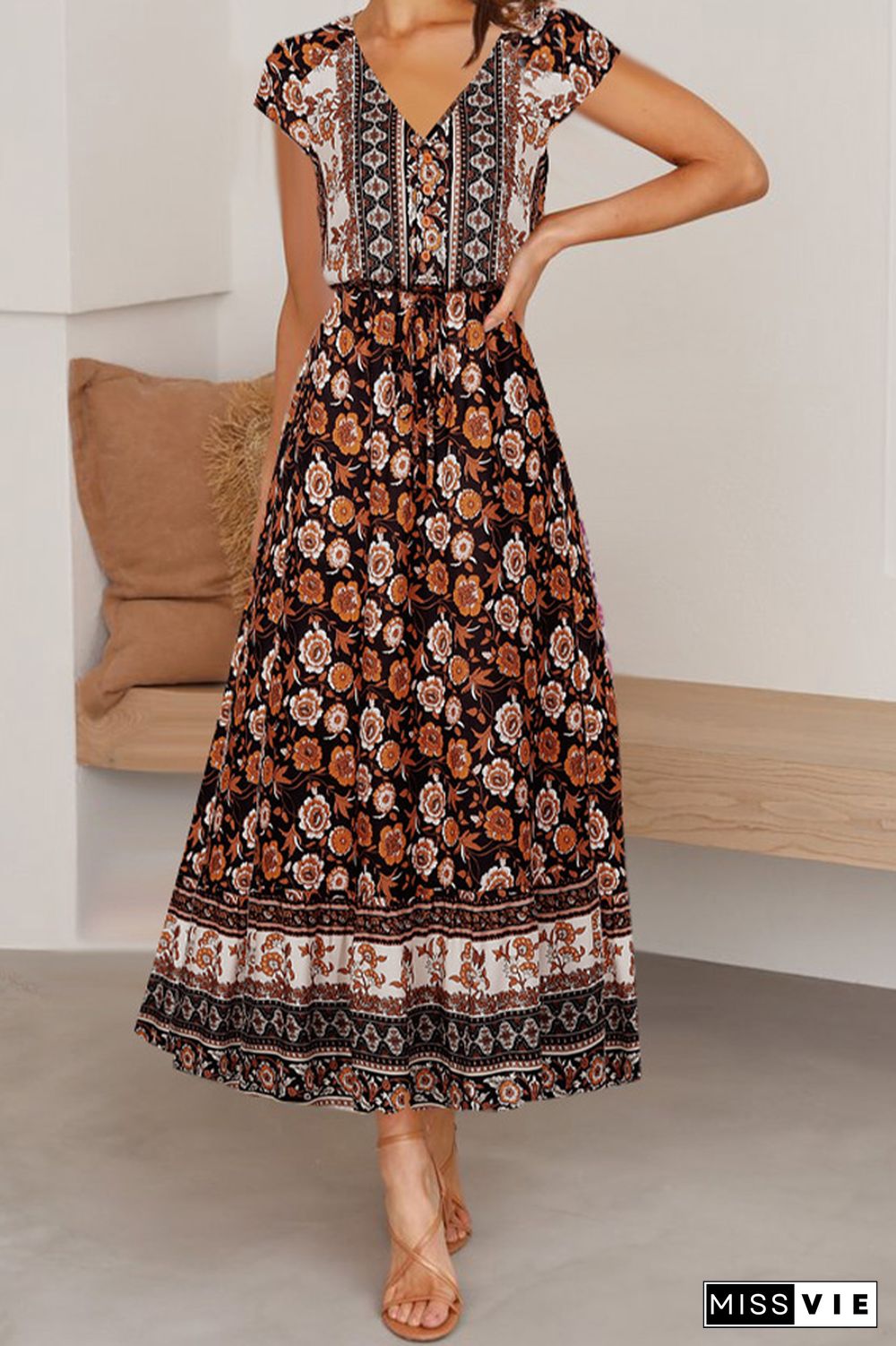 V Neck Buttoned Drawstring Bohemian Print Maxi Dress