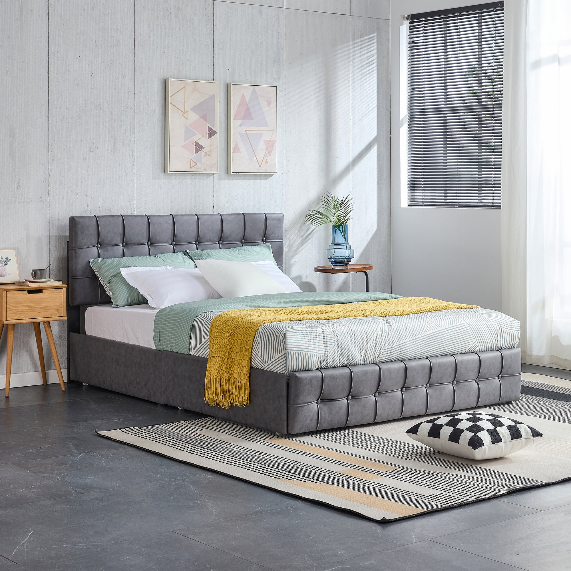 HSUNNS Modern Fabric Upholstered King Size Bed Frame with 4 Drawers, Storage Bed with Height Adjustable Headboard, Bedroom Furniture Metal Frame with Strong Wood Slats Support, Gray