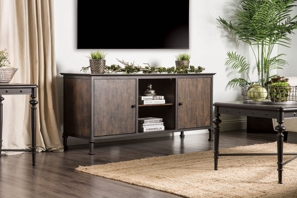 60 quotWooden And Metal Frame Tv Stand With 2 Open Shelves  Brown   Industrial   Entertainment Centers And Tv Stands   by VirVentures  Houzz