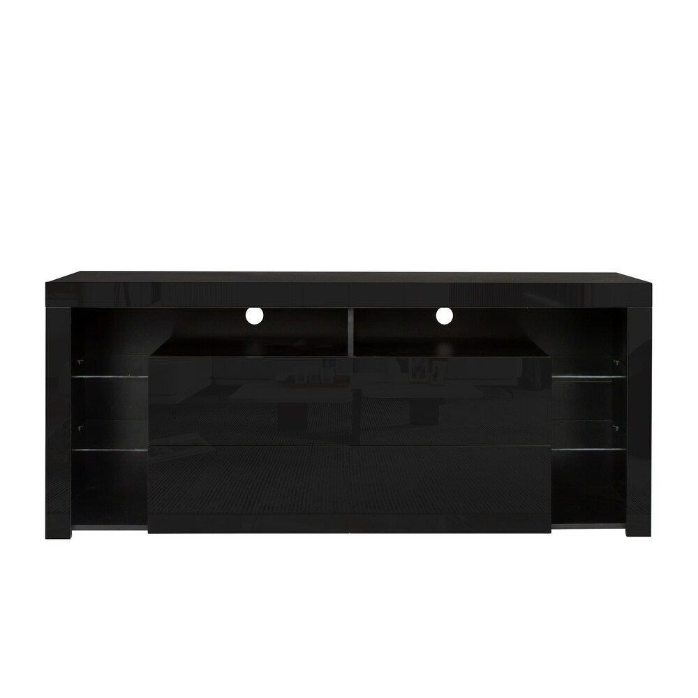 TV Cabinet with Storage Drawers   Open Shelves LED TV Stand Modern High Gloss TV Console with 20 Color LED Lights  Black