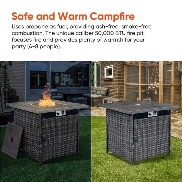 Outdoor Wicker 3Seat Sofa with Fire Pit Table Swivel Chiar Table