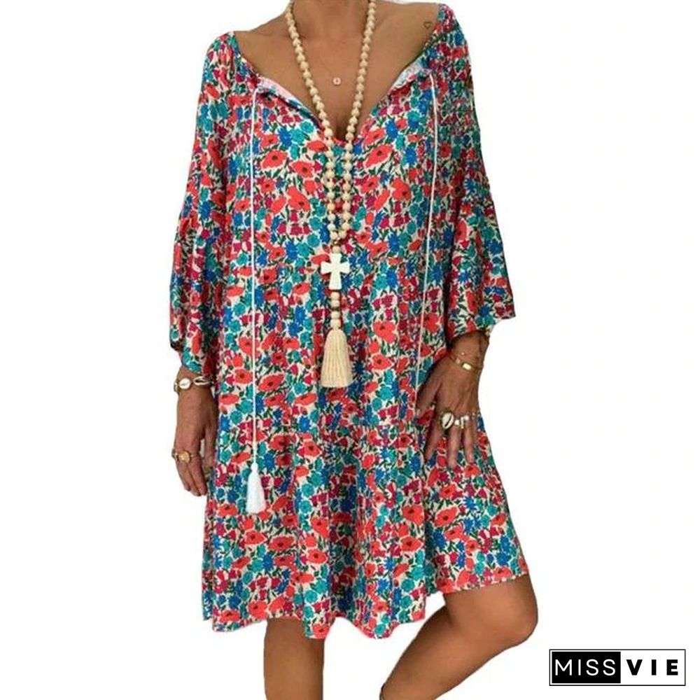 Summer Women Boho Floral Long Sleeve Dress Holiday Beach Shirt Dress Ladies Print Mini Dress Plus Size S-5XL