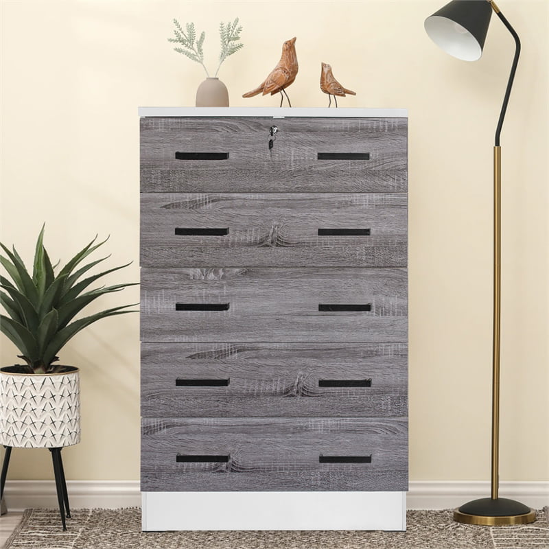 Better Home WC5-Wht-Gry Cindy 5 Drawer Chest Wooden Dresser with Lock, White & Gray