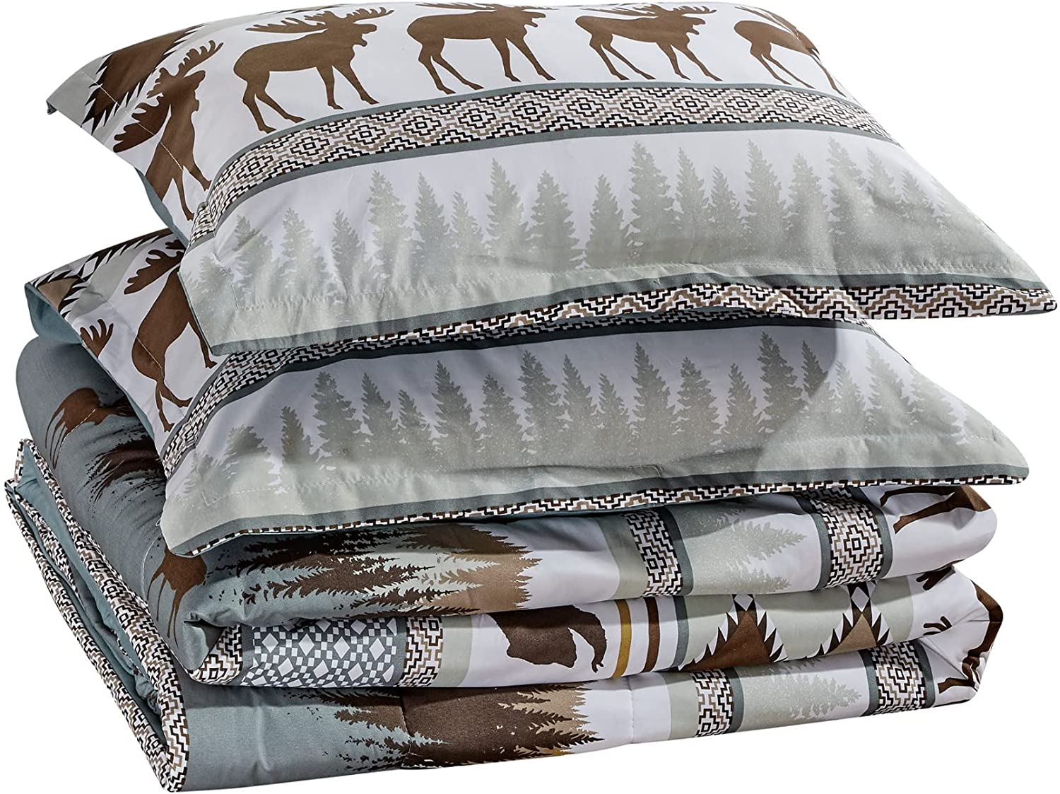 Chezmoi Collection Wilderness Forest Wildlife Moose Bear Microfiber Printed Comforter Set， Queen， 3-Piece